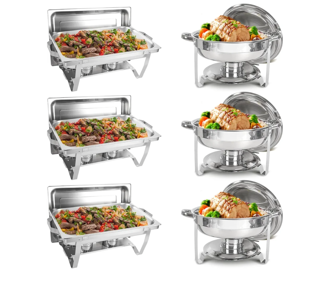 Chafing Dish Buffet Set 6 Packs, 5QT Round& 8QT Rectangle Stainless Steel Chafer for Catering, Chafers and Buffet Warmer Sets w/Food & Water Pan, Lid, Fuel Holder for Event Party Holiday