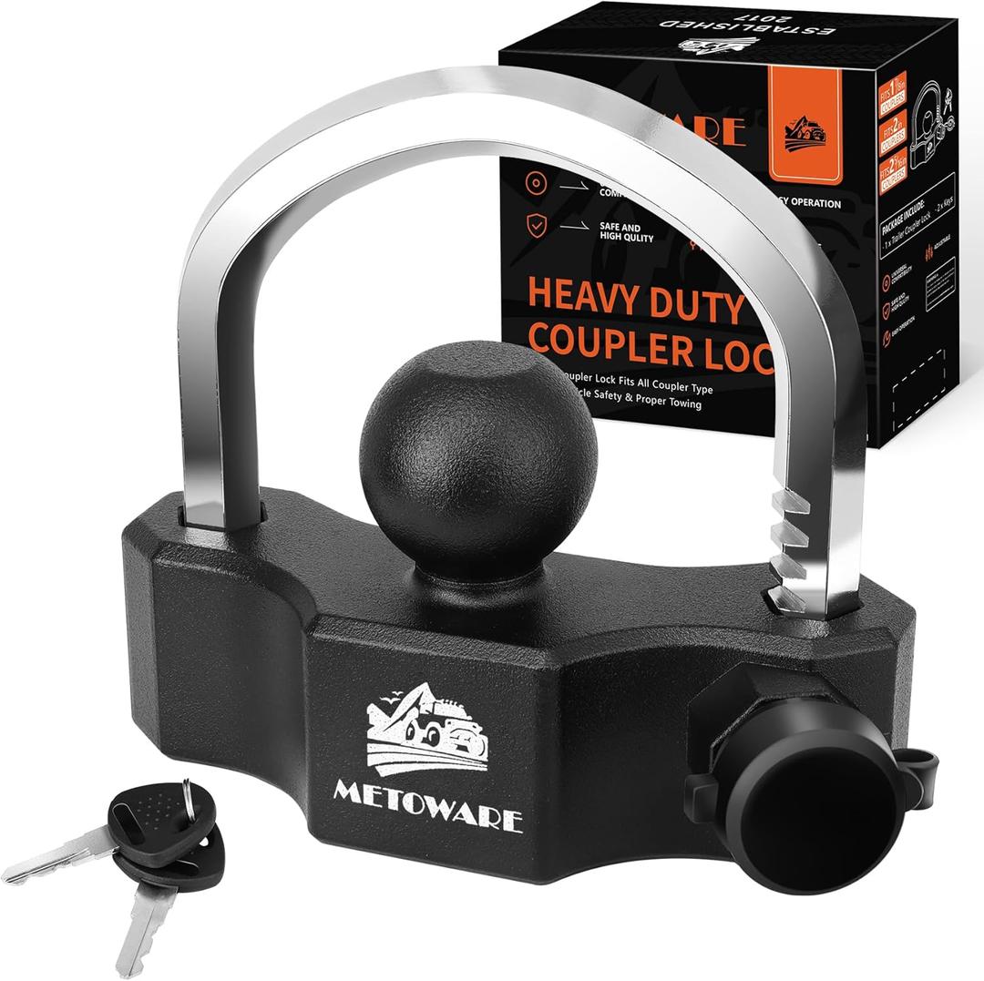 METOWARE Universal Trailer Coupler Lock, Adjustable Heavy-Duty Trailer Htich Locks Fit 1-7/8 Inch, 2 Inch, 2-5/16 Inch Couplers with 2 Keys Black