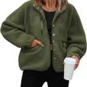 ReachMe Womens Sherpa Jacket Casual Lapel Button Down Cropped Fuzzy Fleece Jackets Long Sleeve Winter Coats with Pockets (Small, Army Green)