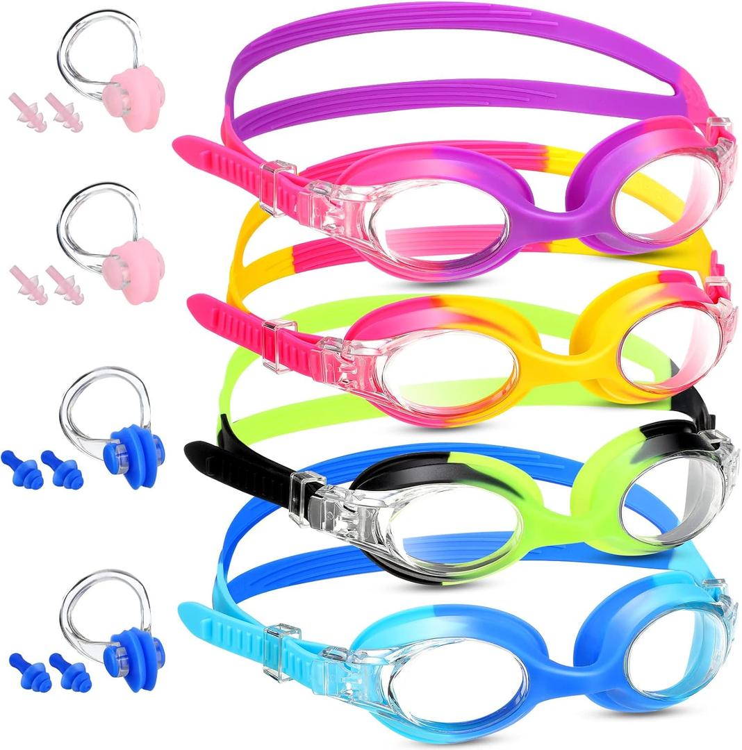 Meooeck 4 Pairs Kids Swim Goggles Anti Fog Multipack Clear Swimming Goggles with Nose Clip Earplug for Girls Boys Pool Gift