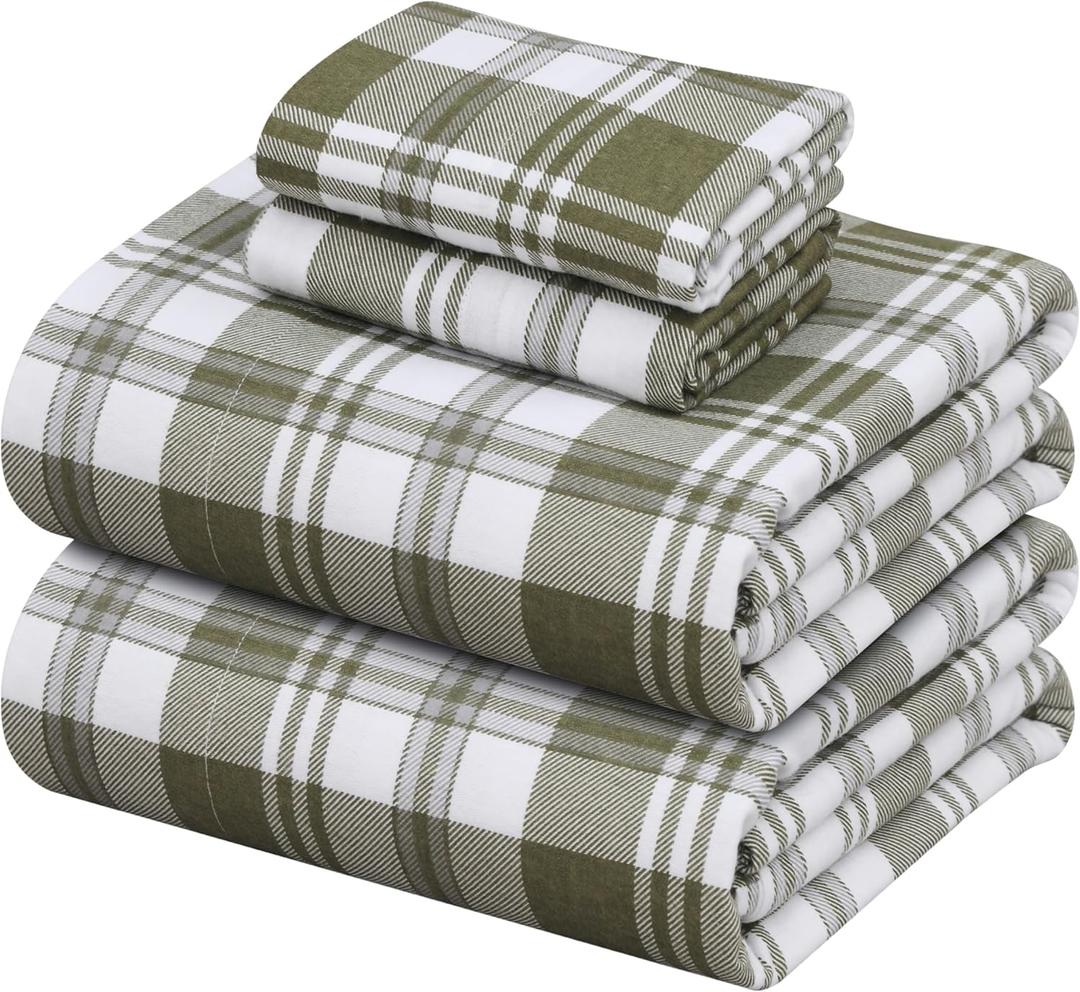 ZOYER Flannel Sheets Queen Size - 100% Cotton Double Brushed Bed Sheets, Deep Pockets 16 Inches Queen Sheet Set, All Seasons Breathable & Extra Soft - Warm & Cozy, 4 Piece, Moss