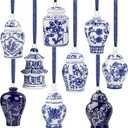 YIYA 9 Pack Porcelain Christmas Tree Ornaments 3.5 in Blue and White Ornaments Christmas Chinoiserie Hanging Ornaments Mini Ginger Jar for Xmas Tree Vintage Decoration