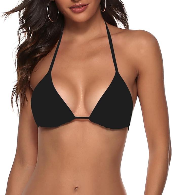 Zuvebamyo Women's String Bikini Top Padded Halter Swimsuit Top Triangle Bathing Suits Tops Black, Size XS