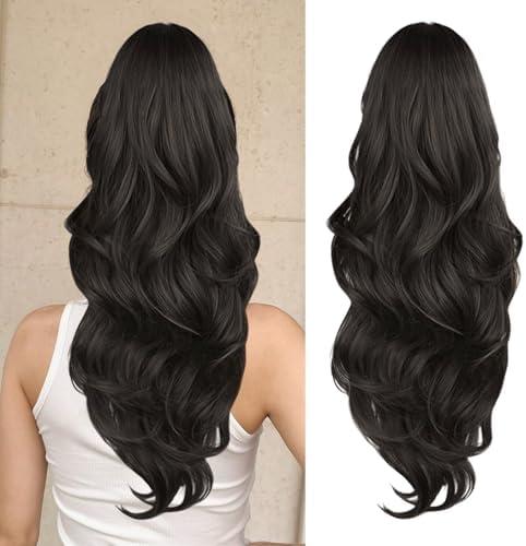 CHRSHN Ponytail Extension, Drawstring Ponytail Extension for Women 23 Inch Long Dark Brown Wavy Pony Tails Hair Extensions Synthetic Clip in Ponytail Hairpiece for Women