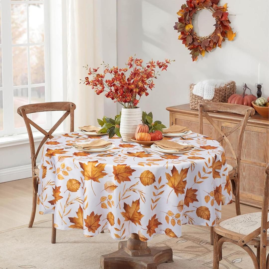 Romanstile Fall Round Tablecloth 60 Inch,Thanksgiving Autumn Harvest Orange Maple Leaf Table Cloths, Stain Resistant Farmhouse Table Cover for Thanksgiving Holiday Dinner Party