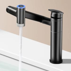 SINGSUO 1080Rotatable Bathroom Vanity Faucet 1 Hole, Height Adjustable Single Handle Sink Faucet Bathroom with 2 Water Outlet Modes, Bar Sink Tap Single Hole with Temperature Display (Black)