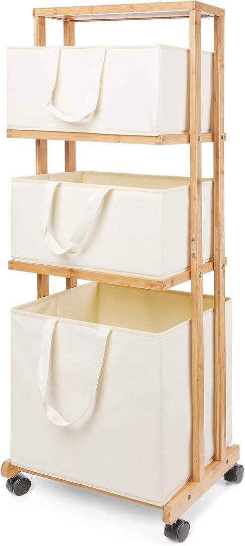 Homde Laundry Basket 3 Tier Bamboo Storage Shelf with Wheels Removable Container with Handle Freestanding Clothes Hamper Organizer for Bathroom Living Room Bedroom (Natural), Large