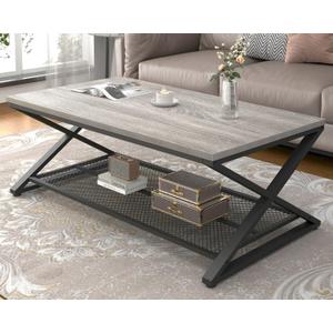 LVB Gray Coffee Table, Farmhouse Wood Metal Center Table with Storage for Living Room, Industrial Wooden 2 Tier Rectangle Cocktail Tea Table with Mesh Shelf for Office Bedroom, 47 inch, Light Grey Oak