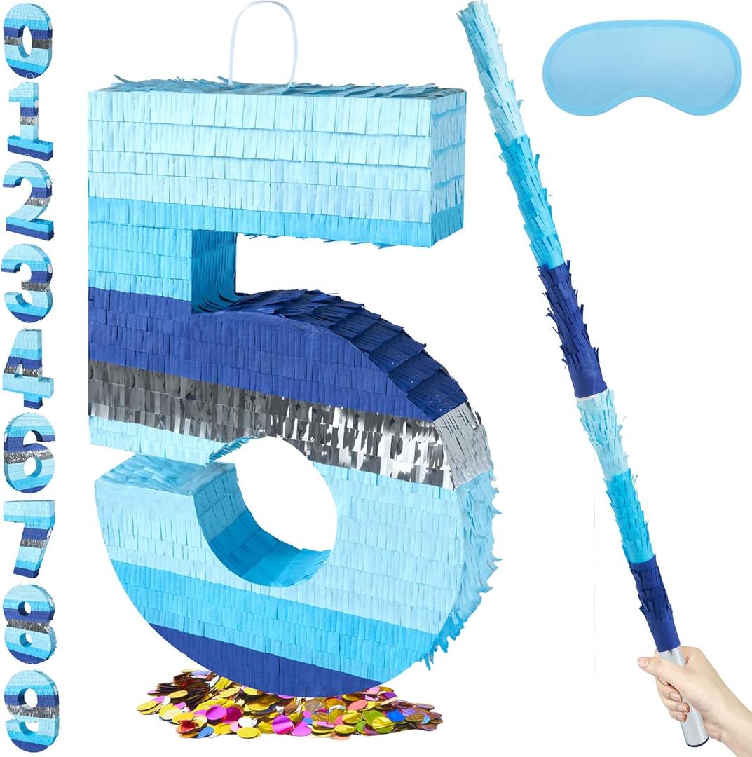 PCFING 20 Inch Number 5 Piata Blue Silver with 30 Inch Piata Stick Blindfold Confetti for Boys Girls Adults Birthday Party Decorations, Anniversary Celebration, Fiesta