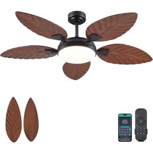 PHORUS 52 Inch Tropical Ceiling Fans with Lights and Remote,Outdoor Palm Leaf Ceiling Fan for Patios Porch Bedroom, Dimmable, 6 Speeds, Reversible, Dark Brown