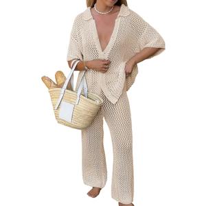 Famulily Womens Sexy Hollow Out Swimsuit Cover Up Sets Button Up Tops and Drawstring Pants 2 Piece Beach Set (Medium, Khaki)