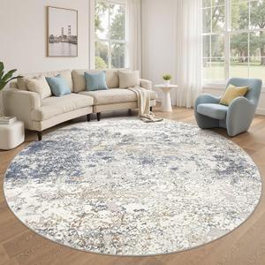 8ft Round Area Rug Living Room Rugs - 8x8 Washable Large Soft Indoor Neutral Modern Abstract Low Pile Rug Carpet for Bedroom Dining Room Farmhouse Home Office - Beige Blue