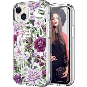 ICEDIO for iPhone 14+ Plus Case with Screen Protector - Clear with Fashionable Trendy Patterns-Designed for Women Girls - Slim Fit Cover - Protective Phone Case 6.7" - Pink Purple Flowers