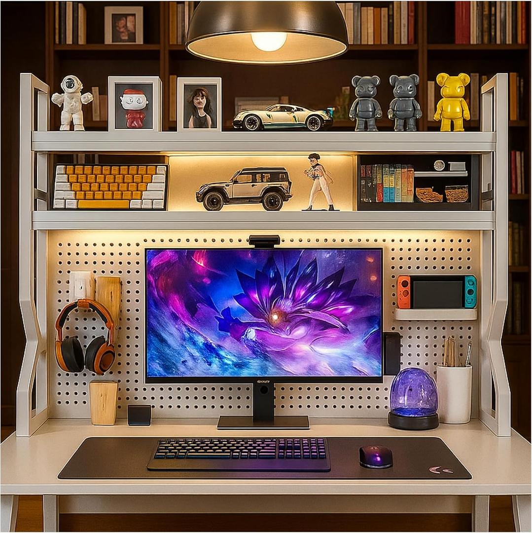 Desktop Hutch Bookshelf,Many Gifts,Metal Desktop Bookcase with pegboard, Desk Shelf White, Countertop Storage Organizer Rack for Dorm or Office,Desktop Shelves(White, 29.5" Lx9.9 Wx39 H)