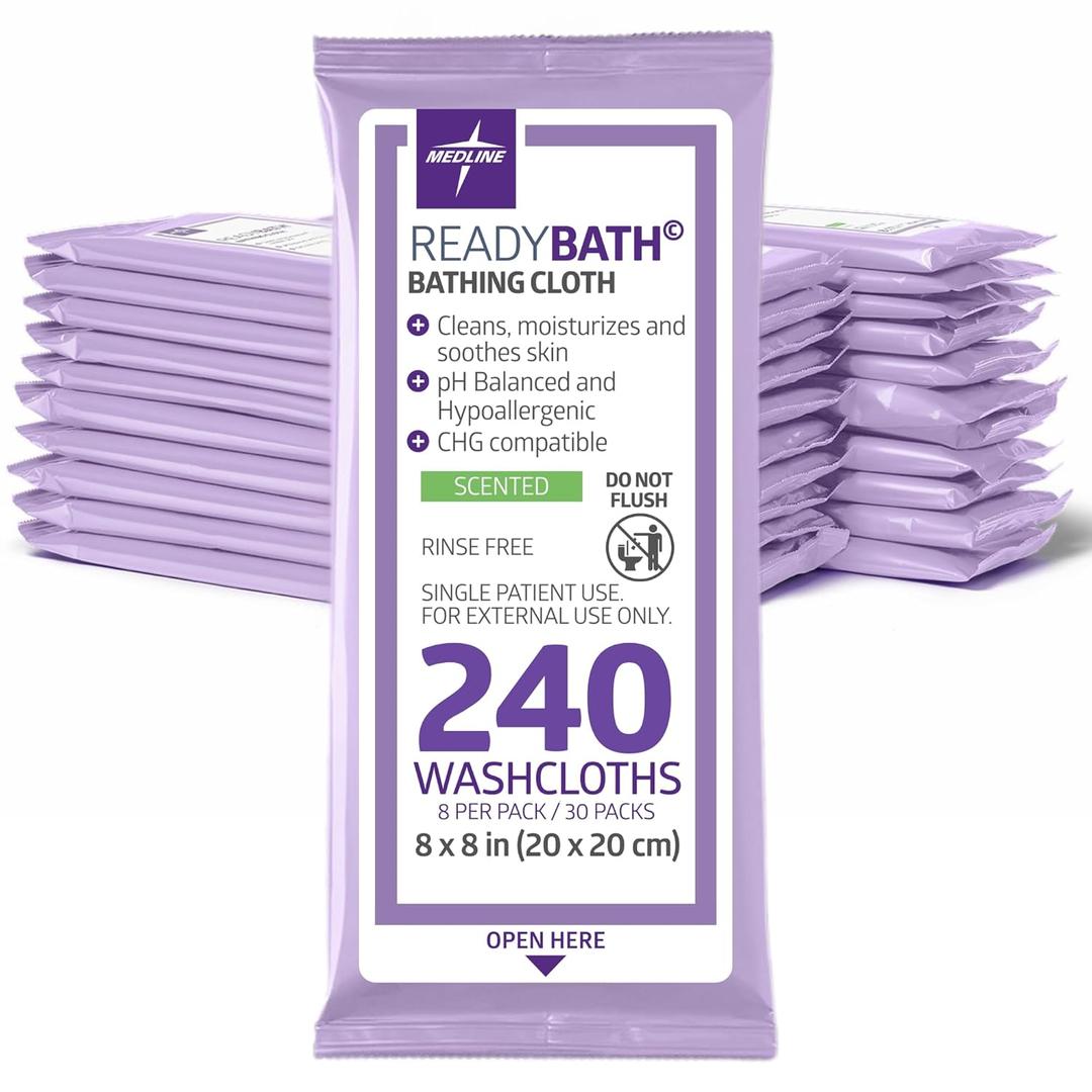 Medline ReadyBath Adult Bath Wipes, 240 Wipes (8 Wipes, 30 Packs), Scented, No Rinse Formula with Aloe, Shower Wipes for Sensitive Skin, Hypoallergenic & Alcohol-Free Wet Wipes, 8 x 8 Inch