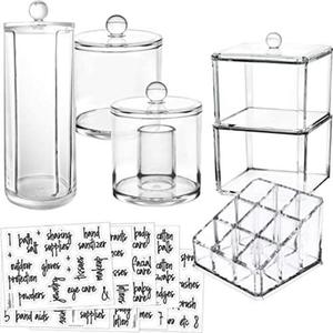 6-Pack Makeup Organizer Acrylic Plastic Containers. Bathroom Beauty Storage Set: 5 Canisters & 107 Printed Labels Organization