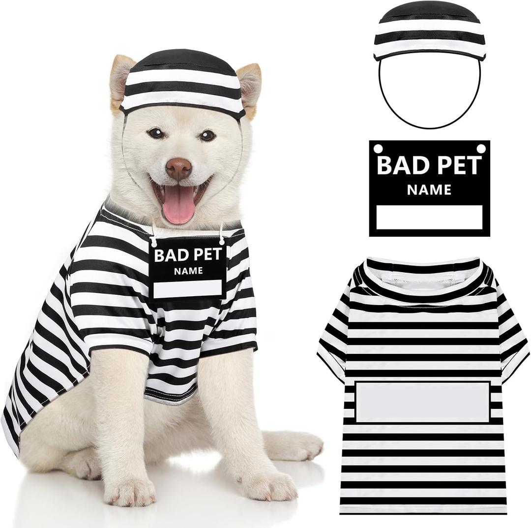 Shihanee Funny Dog Prisoner Costumes Halloween Prison Pooch Shirts Washable Dog Hat and Card for Halloween Puppy Pet(Medium)