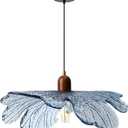 Blue Glass Pendant Light 15.75" Large Flower Petal Hanging Ceiling Light Adjustable 59" Cord with Wood & Metal Accents Modern Statement Chandelier for Dining Room Living Room Foyer