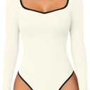 OQQ Women Bodysuit Contrast-Trim Square Neck Long Sleeve Stretch Bodysuit Tops (Small, Beige)