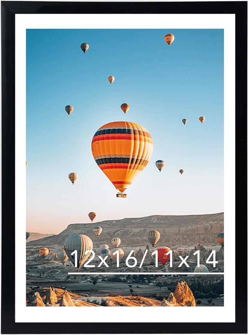JCJMY 12x16 Picture Frame Black with 11x14 Mat, Display Photo 11x14 with Mat or 12 x 16 Without Mat, Wall Hanging Large Frame with Plexiglass, Black