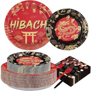200Pcs Hibachi Party Supplies Red Black Dragon Festival Party Plates and Napkins Disposable Asian Japanese Fans Tableware Set for Birthday Hibachi Chinese Japanese Fans Decorations Serves 50