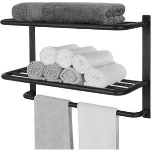 Towel Rack for Bathroom, DEWVIE 23 Inch Tower Holder with Tower Bars, SUS 304 Stainless Steel Lavatory Bath Towel Shelf Towel Hanger Wall Mount, 3-Tier (Matte Black)