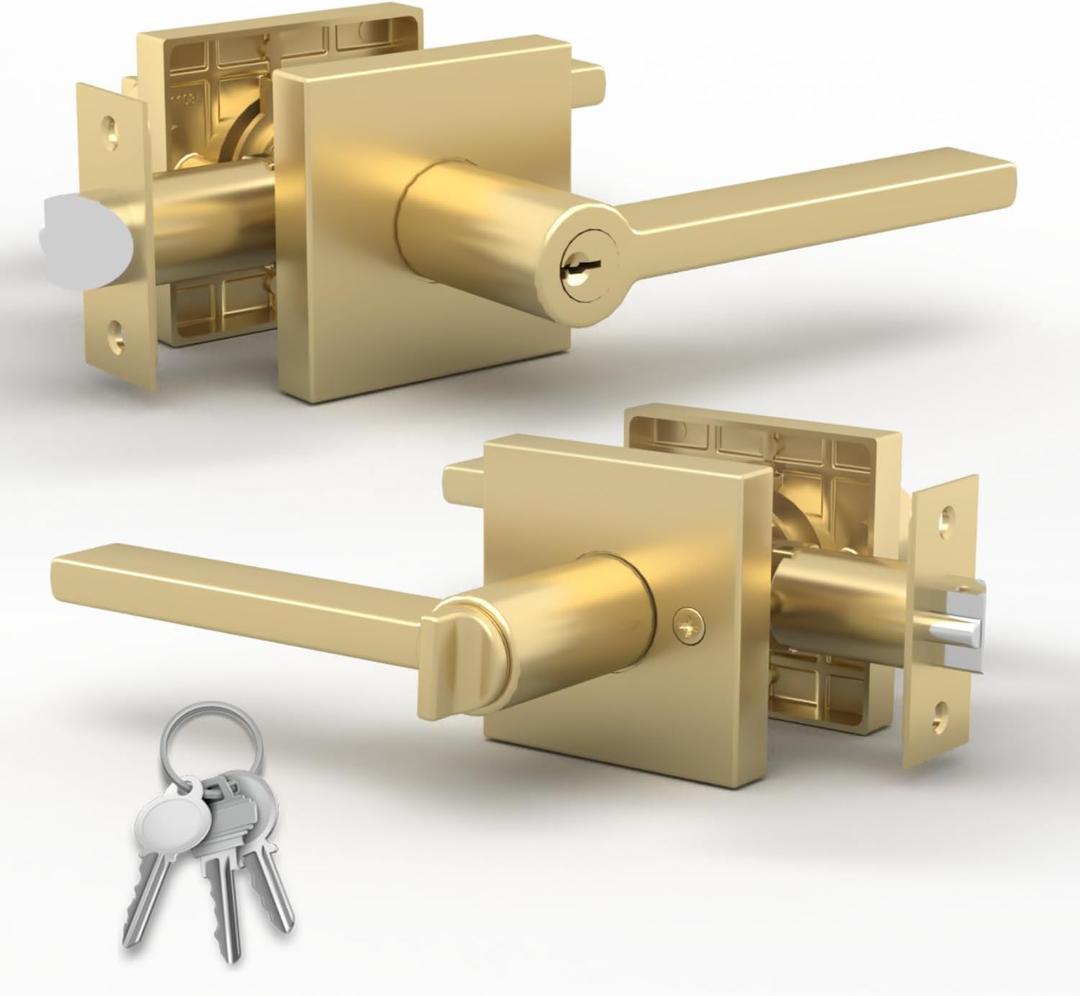 Mega Handles - Prime Entrance Handle, Entry Lever Door Handle, Heavy Duty Square Locking Lever Set for Left or Right-Handed Doors, Interior/Exterior Door Levers - Satin Brass (1 Pack)