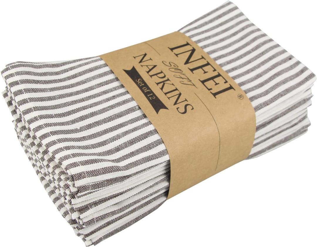 Plain Striped Cotton Linen Blended Dinner Cloth Napkins - Set of 12 (40 x 30 cm) - for Events & Home Use (Brown)