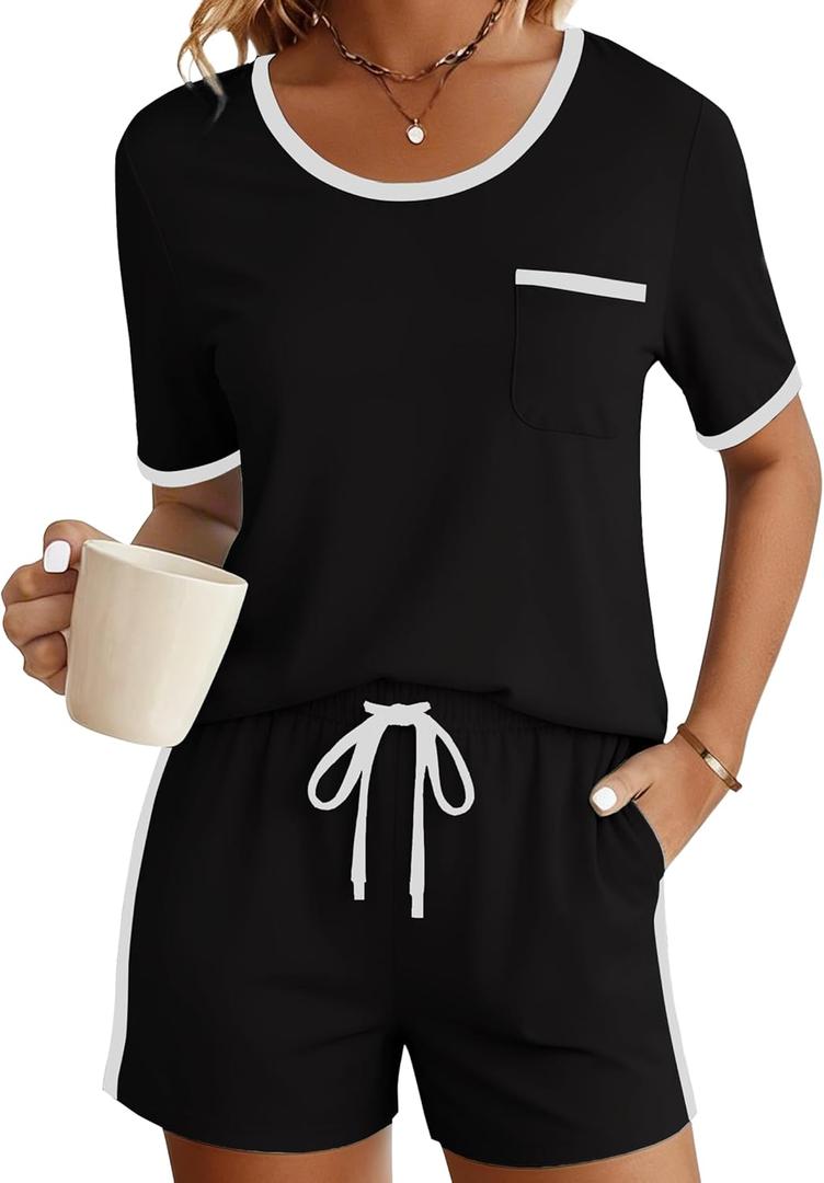 PATPAT Pajama Set for Women Viscose from Bamboo 2 Piece Soft Lounge Set Short Sleeve Tops and Shorts Sleepwear, XL (Black)
