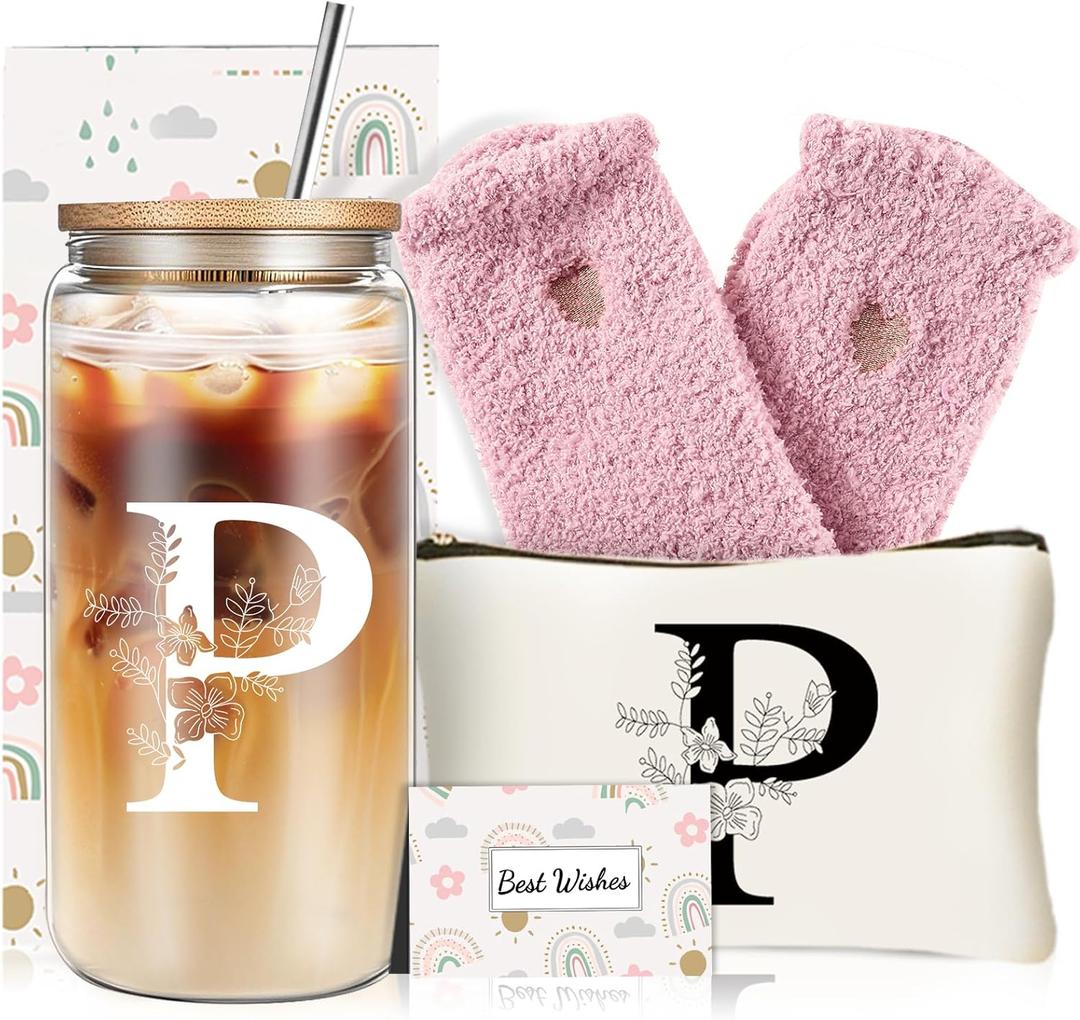 Unique Initial Glass Cup with Lids and Straws, Monogrammed Gifts Box Included Makeup Bag, Valentines Day Mothers Day Birthday Gifts for Women Mom Sister Grandma, P