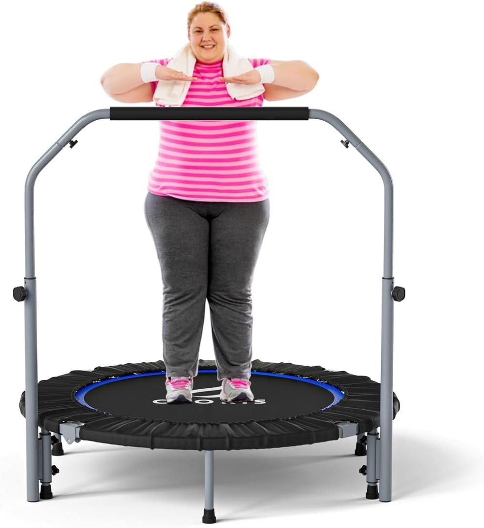 CLORIS 40in Folding Trampoline Mini Rebounder Fitness Trampoline with Adjustable Foam Handle for Kids/Adult, with safty Padded Cover Best Gift for Kids/Adult (40in-Blue-2)