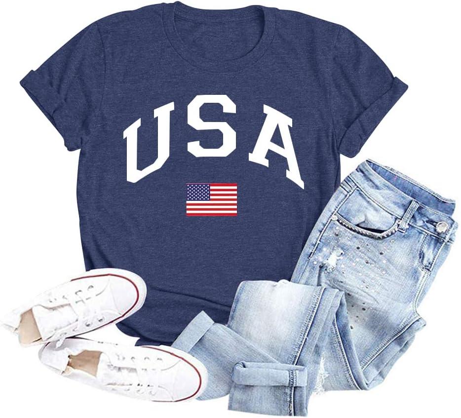 Women Distressed American Flag Graphic Shirt USA Stars Stripes Patriotic Short Sleeve Top (X-Large, B#1 Blue)