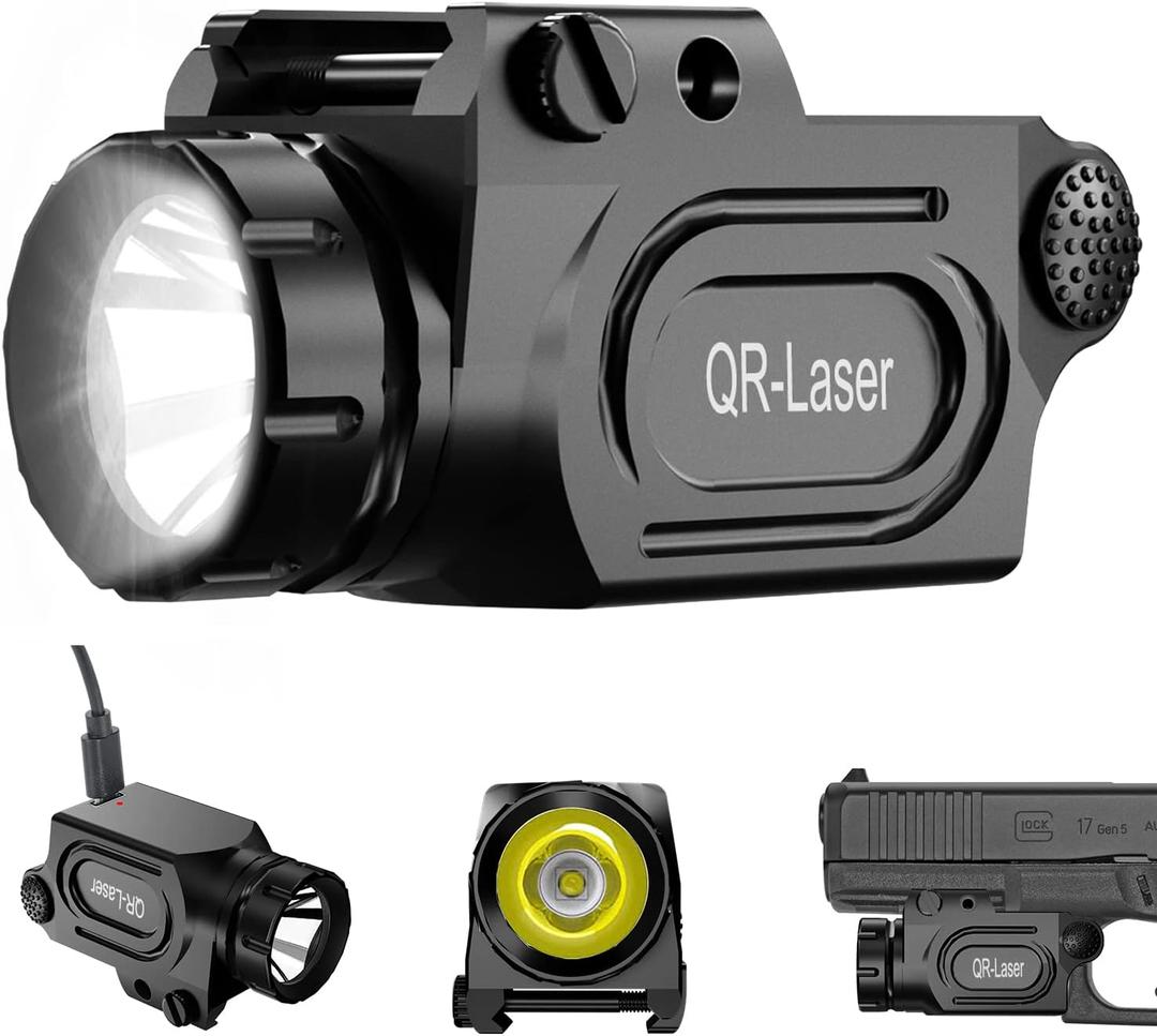 QR-Laser 1200 Lumens Tactical Weapon Mount Light for Handgun with Picatinny Rail, Premium LED Flashlight Type-C Rechargeable with Strobe Function for Pistol Handgun Glock Rifles