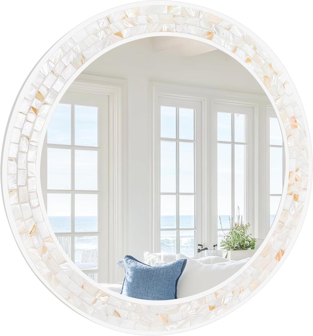 Tanmicoshomy Round Wall Mirror 24 Inch,Circle Mosaic Mirror with Natural Mother of Pearl and Wood Frame, Decorative Coastal Round Wall Mirror for Bathroom Bedroom Living Room Entryway (White)