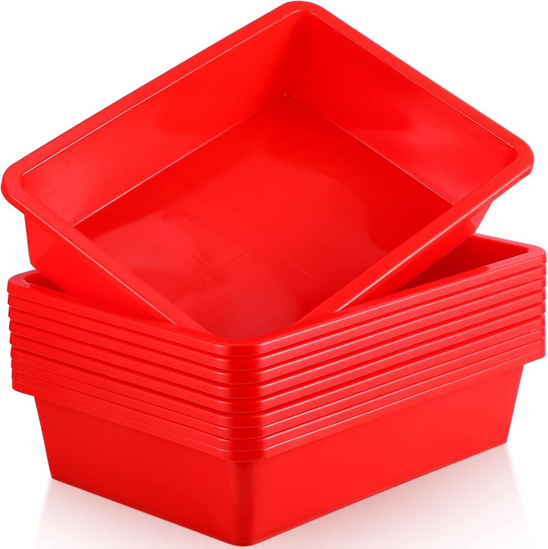 Hoteam 10 Pcs Flat Storage Organizer Tray Bin Letter Size Paper Tray for Classroom Plastic Stackable File Organizer for School Office Teacher Book Organization Red, 13.78 x 9.84 x 3.15 Inch