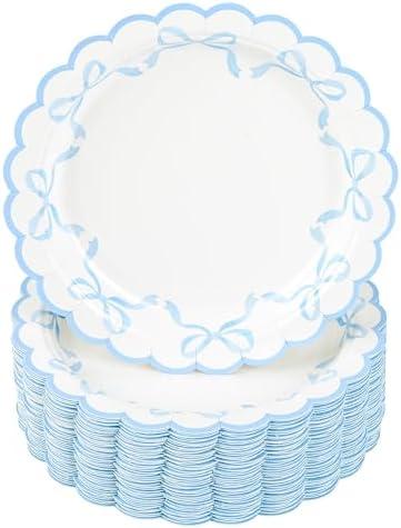 Elyxio Blue Bow Paper Plates Coquette Disposable Party Plates Scalloped Bowknot 7" Dessert Plate for Birthday Bridal Baby Shower Tableware Supply Table Decor