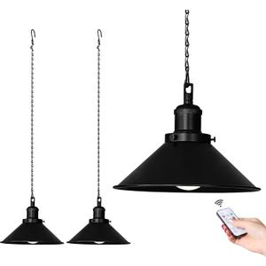 2 Pack Black Portable Battery Operated Hanging Lights, Rechargeable Wireless Outdoor Pendant Light with Remote, Battery Powered Chandelier Lantern Fixture for Indoor Outdoor Gazebo Porch Patio