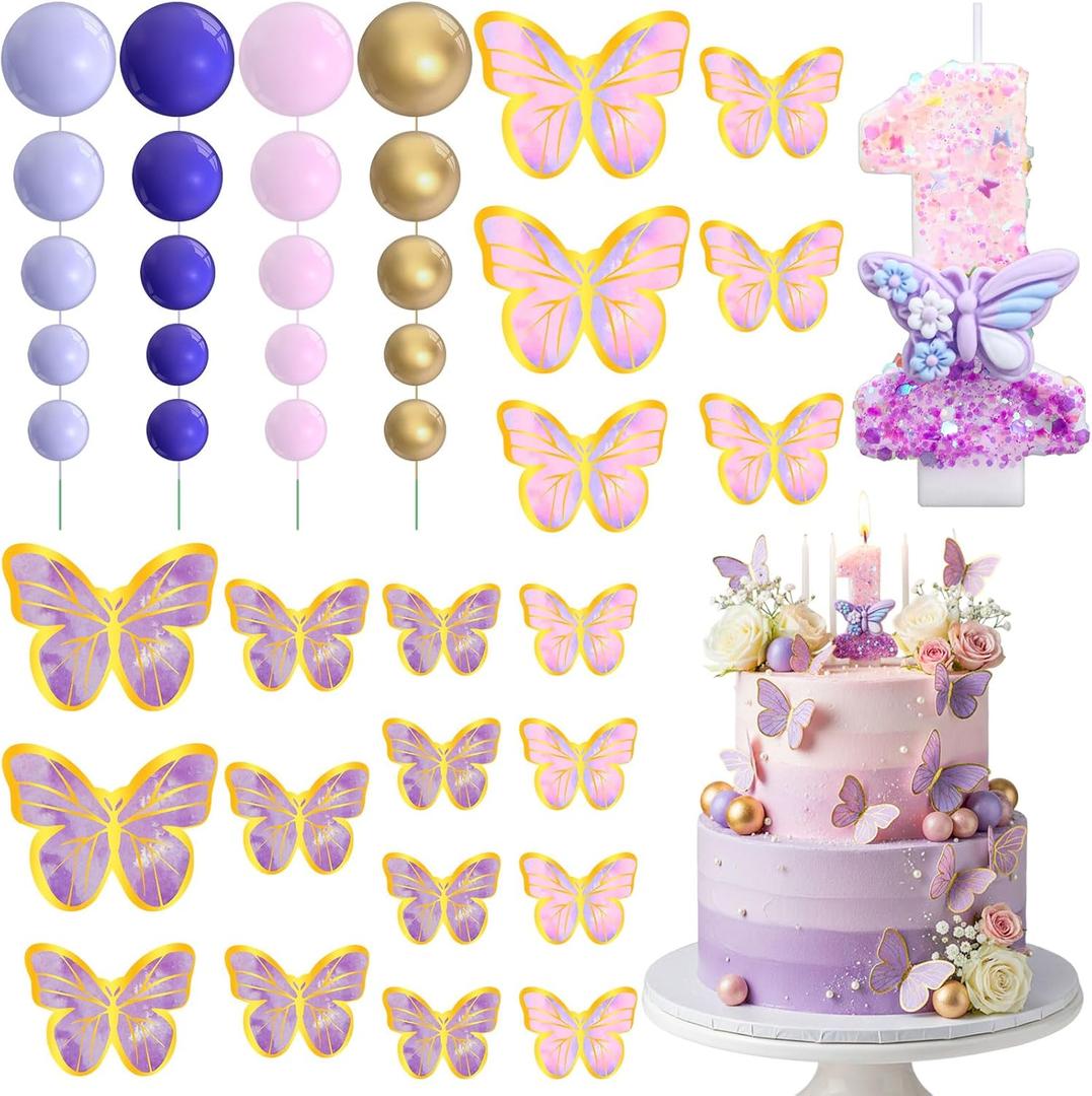 Lyrow 41pcs Purple Butterfly Cake Topper 1st Cake Decorations for Girl Number 1 Candles 3D Purple Pink Gold Butterflies Balls for Birthday Baby Shower Wedding Anniversary Themed Party Supplies