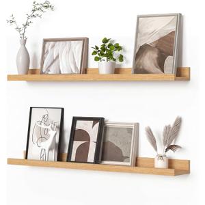 Heimlove Picture Ledge Shelf, Floating Shelves Set of 2, 31.5Inches Picture Shelf for Wall with Ledge, Kids Bookshelf Wall Mounted for Living Room Bedroom Decor Books Photo Frames - Oak, 32 in