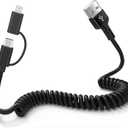 USB A to USB C & Lightning Cable - Support Apple Carplay & Android Auto Cable for iPhone 16/15/14/13/12/Android [MFi Certified] 3A Fast Charge & Data Sync Coiled Dual Lightning and USB C Cable 2 in 1