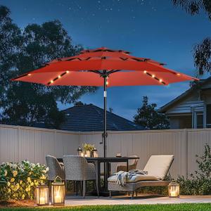 wikiwiki 10FT 3Tiers Solar Led Patio Umbrella, Sturdy Outdoor Market Umbrella for Deck, Pool, Garden w/Tilt, Crank, 32 LED Lights, Red