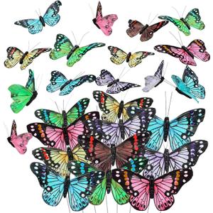 24 Pcs Monarch Butterfly Decorations 4 Size Artificial Monarch Feather Fake Butterfly Picks Crafts with Wire for Wall Flower Pot Spring Floral Party Home Decor(Fresh Colors)