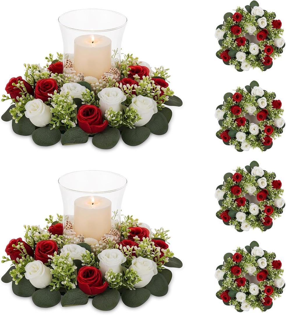 NUPTIO Artificial Flowers Candle Rings - 6 Pcs 14 inch Diam Large Crimson & White Fake Roses Wreath Wedding Centerpieces for Tables Spring Summer Wreath for Front Door Weddings Party Ceremony Decor