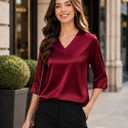 Women Silk Satin Tops 3/4 Length Sleeve Shirts Dressy Casual Blouse V Neck Business Casual Outfits (Red, M)