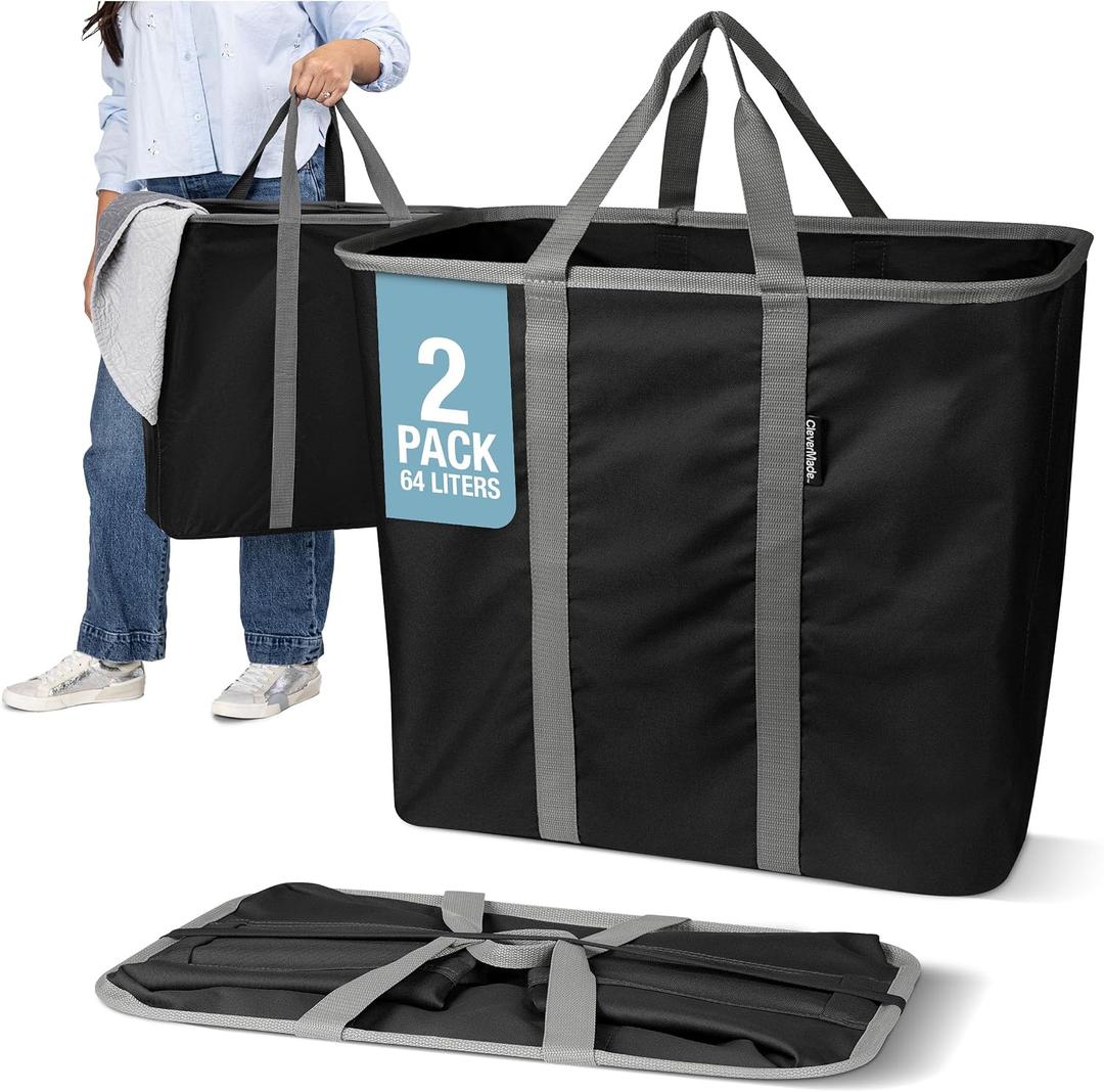 CleverMade Collapsible Laundry Caddy Foldable Laundry Hamper & Tote, XXL 64L Pop-Up Laundry Basket with Handles, Space-Saving Laundry Organizer for Home, Dorm, Closet & Travel, 2 Pack - Black Gray