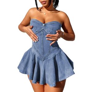 Women's Summer Strapless Denim Mini Dress with A-Line Design and Plated Bustier Corset (Light Blue). Size XL