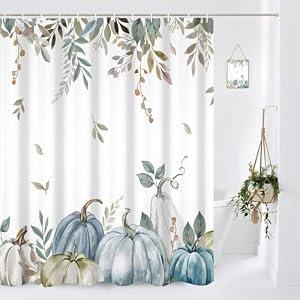 Canessioa Autumn Pumpkin Shower Curtain Fall Harvest Thanksgiving Day Shower Curtains Blue Green Leaves Shower Curtain Sets for Bathroom 72x72 in with 12 Hooks