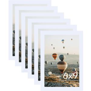 6x9 Picture Frame Set of 6 for Wall Hanging or Tabletop, Wood 6 x 9 Wall Gallery Poster Photo Frames Bulk for 6 by 9 Photo, 6 Pack, White