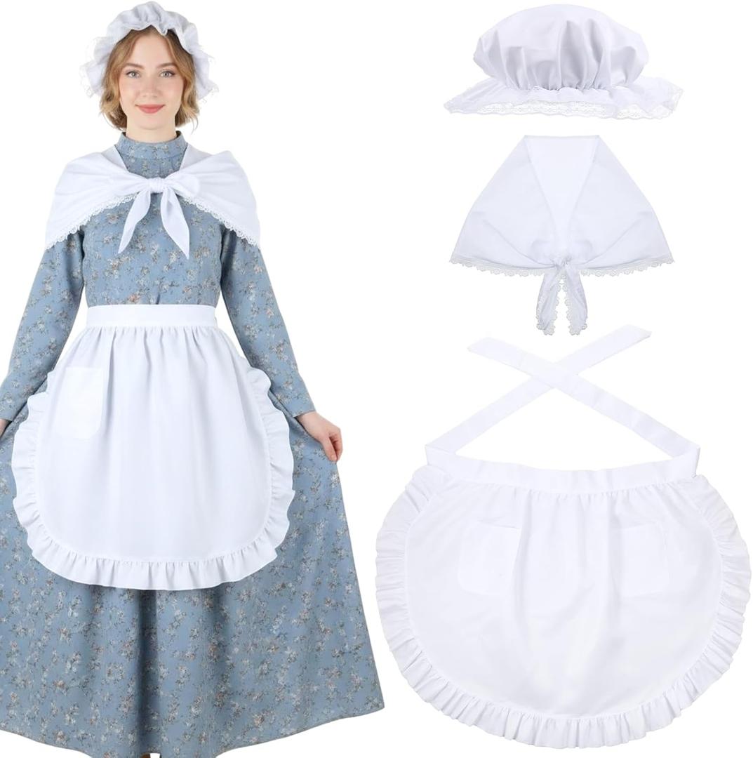 Tucnoeu 3 Pcs Halloween Colonial Costume Women Set: White Mob Cap Bonnet Shawl Waist Apron Pilgrim Costume Girls Cosplay