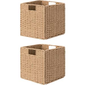 StorageWorks 11 inch Wicker Baskets, Handwoven Storage Cubes with Handles, Foldable Paper Rope Basket for Organizing, Brown, 2 Pack